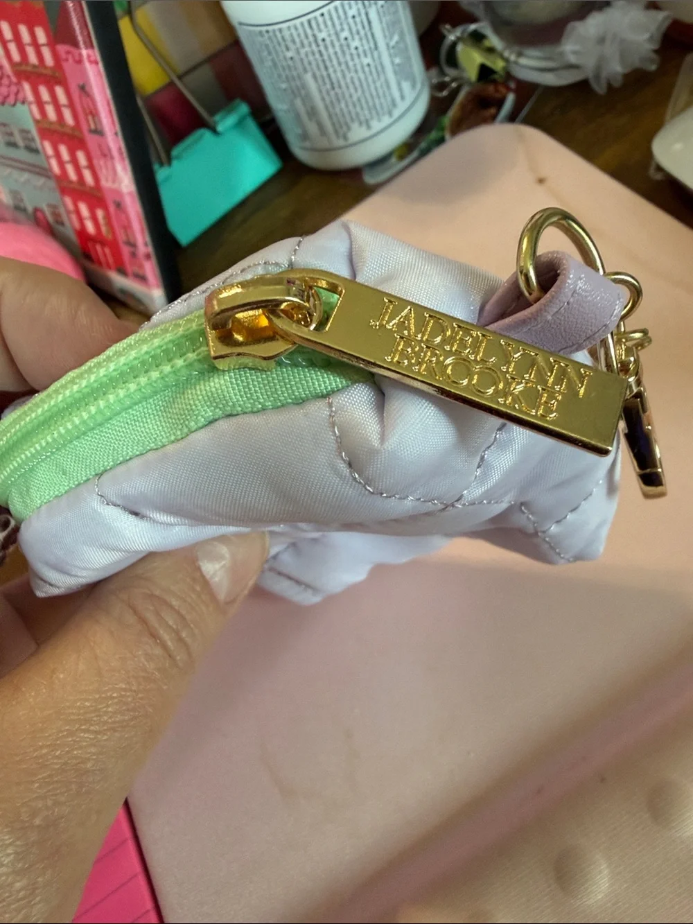Jadelynn Brooke Quilted Lilac ear Bud Pouch with Green Zipper and Gold Hardware